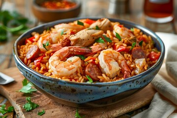 Wall Mural - Delicious Seafood Jambalaya with Shrimp, Chicken, Andouille Sausage, Bell Peppers, Rice, and Fresh Parsley in a Rustic Bowl on Wooden Table