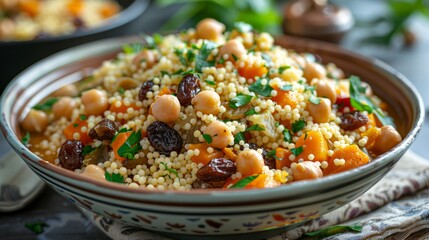 Wall Mural - Healthy Vegetarian Couscous Salad with Chickpeas, Raisins, Carrots, and Fresh Parsley in Bowl