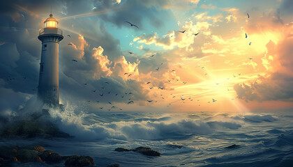 Wall Mural - lighthouse at sunset