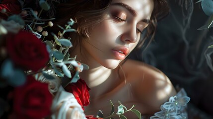 Poster - Serene woman surrounded by flowers in a dreamy atmosphere. an artistic portrait depicting peace and beauty. ideal for romantic and mystical concepts. AI