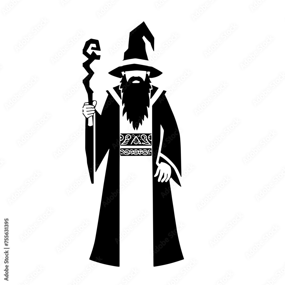 Cartoon Black and White Isolated Illustration Vector Of A Simple Wizard ...