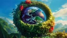3D of a green landscape Earth backdrop against a blue sky with flowers, vitality, and energy. Generative AI