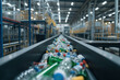 In waste garbage processing plant, conveyor line sorts trash with recycled plastic bottles AI Generation