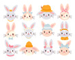 Cute Easter bunny faces, pretty male and female childish rabbits mascot set vector illustration