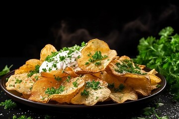 Wall Mural - Potato chips with sour cream and parsley on a black background. copy space