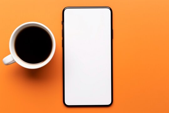 Smartphone with blank white screen and space for graphics or text and white cup with coffee on orange background, top view