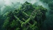 Illustration of ancient ruins emerging from a lush jungle, shrouded in mist, seen from above.