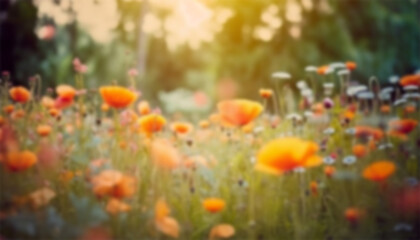 Poster - Blurred Poppy field at sunset in the spring. Red poppies in sunset light. Summer nature concept. Concept: nature, spring, biology, fauna, environment, ecosystem. Red beauty landscape