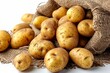 Natural organic fresh potatoes harvest in burlap sack on wooden table background