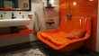 A bathroom with orange chair and sink in a modern setting, AI
