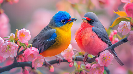 Wall Mural - colorful bird. songbird in cherry blossoms