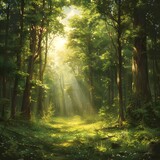 Fototapeta  - Forest Background: Towering trees, dappled sunlight, and lush foliage create a serene woodland setting