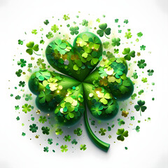 St. Patrick’s Day Shamrock  with gree confetti explosion, isolated on a  White background, Celebrating Patrick's Day, Clover