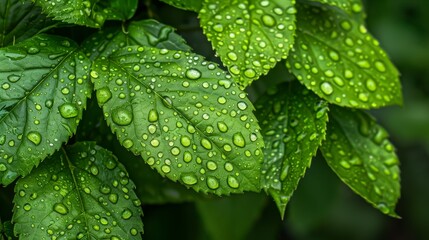 Wall Mural - Close-up of fresh green leaves with water droplets