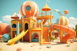 fantastic multi-colored cartoon world, with imaginary buildings. amusement park with slides and entertainment,  generated by AI. 3D illustration