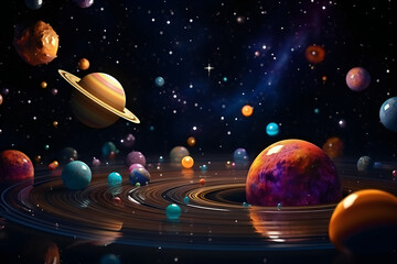 Futuristic Background cosmic space creative design. Abstract horizontal banner concept game metaverse. Realistic 3d cartoon style planets,  generated by AI. 3D illustration