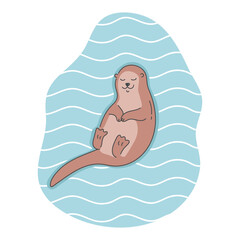 Hand drawn cute otter sleeping on water. Cartoon sleepy otter character. Vector illustration