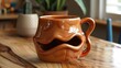 A coffee mug with a mouth on the side sitting in front of a plant, AI