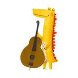 Fototapeta Dziecięca - Cute yellow dinosaur musician plays the cello. Hand-drawn cartoon character. Dinosaur musician. Illustration for children. Graphic for typography poster, card, label, flyer, page, banner, baby