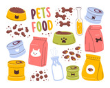 Fototapeta Pokój dzieciecy - Cats dogs dry and wet food, drinks in different packs, packets and bottles set vector illustration