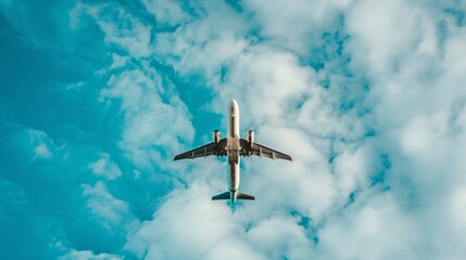 top view white plane against blue sky with white clouds, travel concept