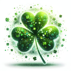 St. Patrick’s Day Shamrock  with gree confetti explosion, isolated on a  White background, Celebrating Patrick's Day, Clover