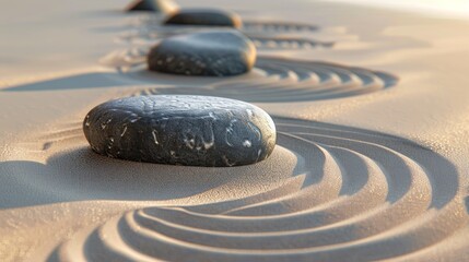 Sticker - Minimalist zen garden with smooth stones and raked sand patterns.