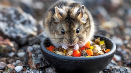 Poster - A small rodent eating food out of a bowl on the ground, AI