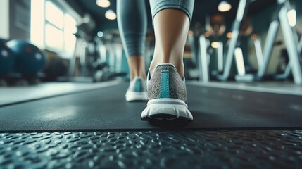 Wall Mural - Close-up of female legs in sportswear running on treadmill in gym. Sport concept
