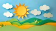 © furyon - Sunny day landscape created with paper cutouts, including a sun, clouds, and rolling green hills for a cheerful scene.
