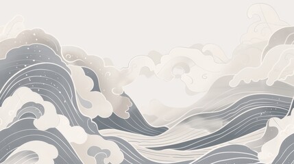 Poster - A white and gray Japanese wave pattern on an abstract landscape background. Ocean sea art with a natural template. Vintage-style banner and wallpaper design.