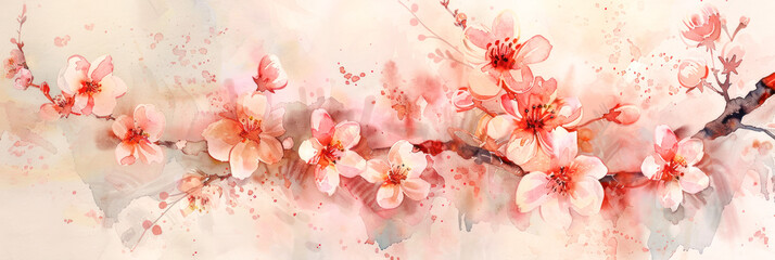  Ethereal Cherry Blossom Panorama. A delicate and artistic wide-format painting of cherry blossoms in soft watercolor hues, creating a serene and romantic springtime scene.
