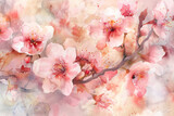 Fototapeta Kwiaty - Cherry Blossom in Watercolor Painting Style. An elegant watercolor painting showcasing delicate cherry blossoms in soft shades of pink and red, blending with the fluid beauty of watercolors.
