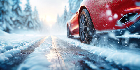 Wall Mural - back rear wheel of a car on a snowy road in winter close up. Luxury red car rides on a highway in winter in forest with snow