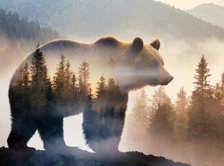 Wall Mural -  Double exposure of a bear silhouette and foggy forest.