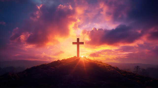 Crucifix cross on top of mountain with sunlight, Inspirational Christian image. easter concept
