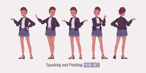 Wall Mural - Attractive girl speak, point poses, young urban fashion woman wearing nice short high waist denim skirt, cute streetwear bomber jacket, casual summer sandals, female fade haircut. Vector illustration