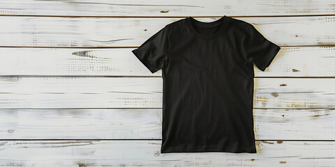 Wall Mural - Black t shirt Mockup on white wooden background 