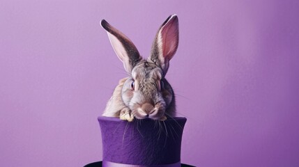 Wall Mural - A rabbit in a magicians hat peeking out curiously set against a lilac solid color background invoking a sense of mystery and enchantment