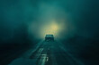An ominous vibe is evoked by a car on a foggy road at night.