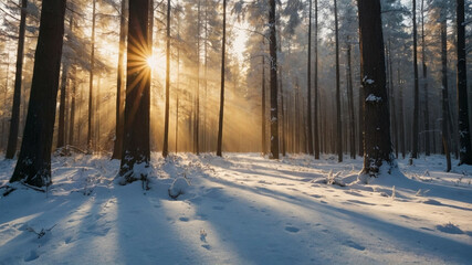 Poster - Sun Shining Through Snow-Covered Trees