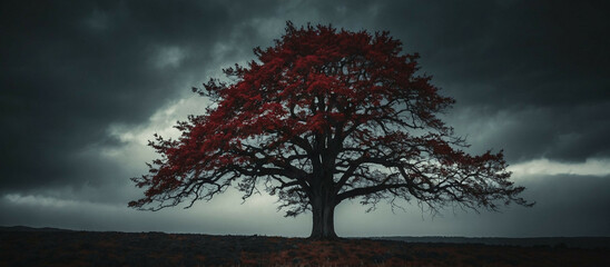 Poster - Red Tree With Red Leaves in Field