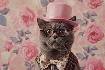 Wall Mural - Adorable 3D cat in pastel attire sporting a stylish bow tie and monocle exuding charm against a gently colored background