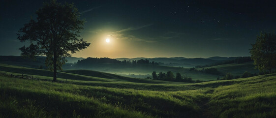 full moon illuminates grassland at night