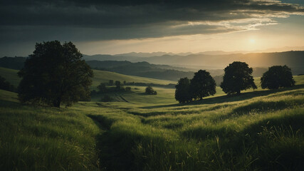 Canvas Print - Grassy Field With Trees and Mountains