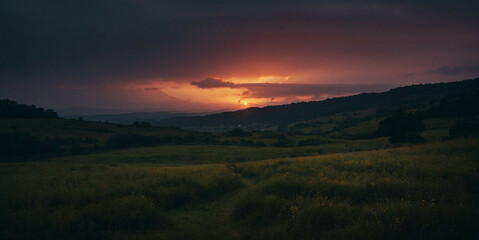 Poster - Sun Setting Over Grassy Field