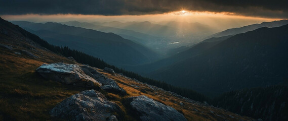 Wall Mural - Sun Shining Through Clouds Over Mountains