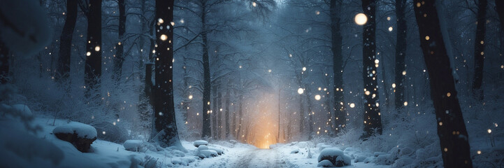 Poster - Snowy Forest Path at Night