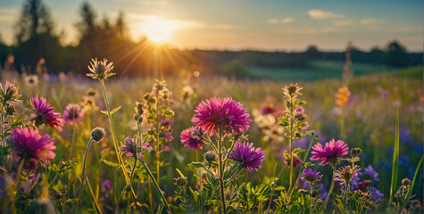 Sticker - Colorful Wildflower Field at Sunset