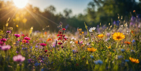 Wall Mural - Vibrant Wildflower Field Under Sunlight